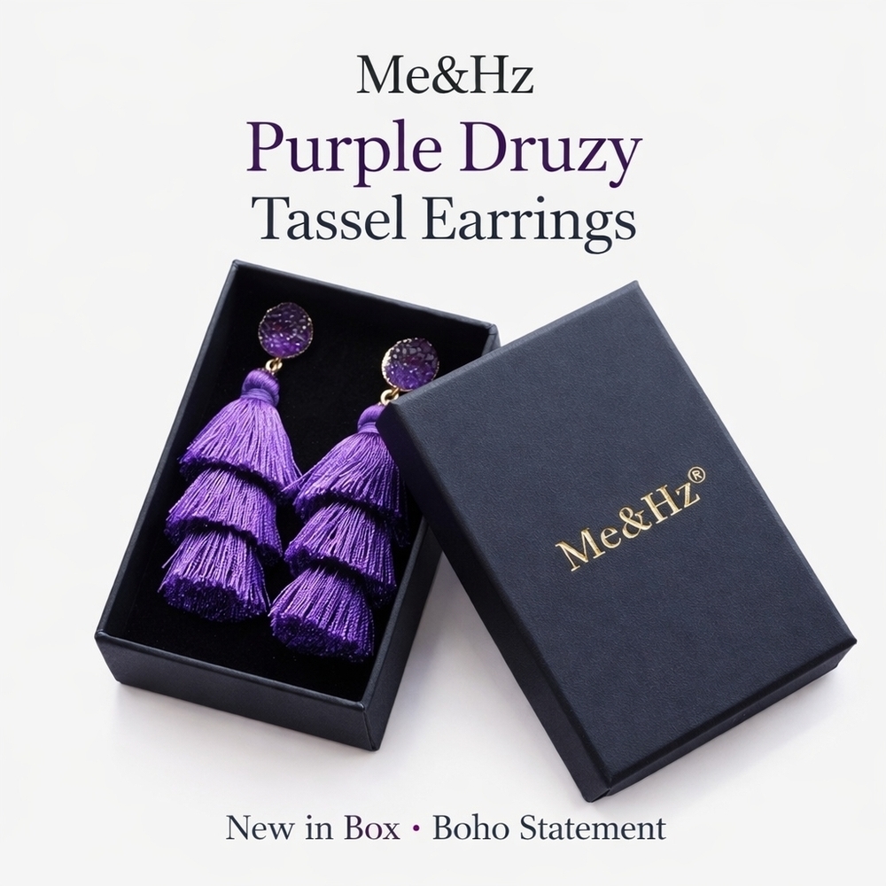 NWT Me&Hz purple druzy tassel statement earrings Boho Festival